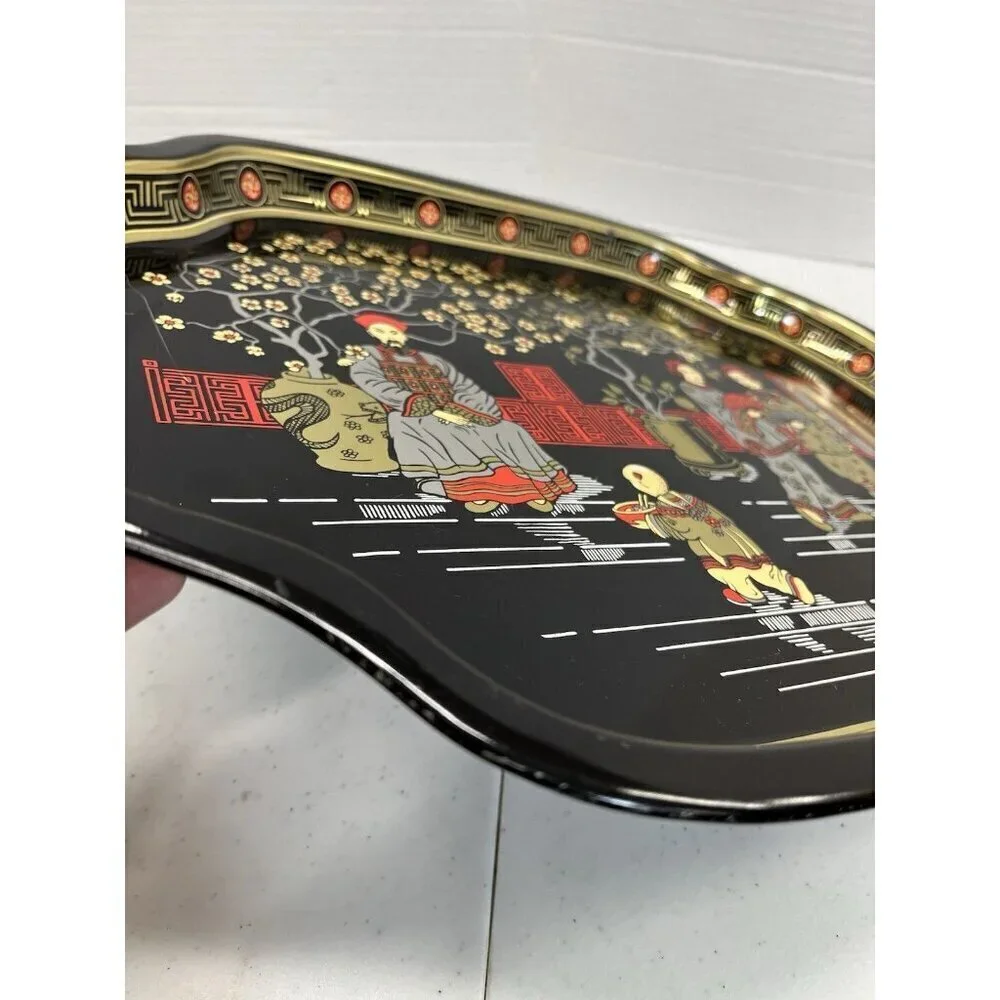 Vintage Asian Tin Serving Tray Made in England Chinese Emperor Throne Oriental